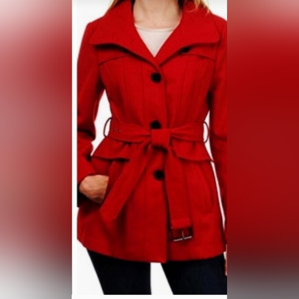 Nicole Miller Jacket Trench coat Large belted full lined buttons warm  Red New
